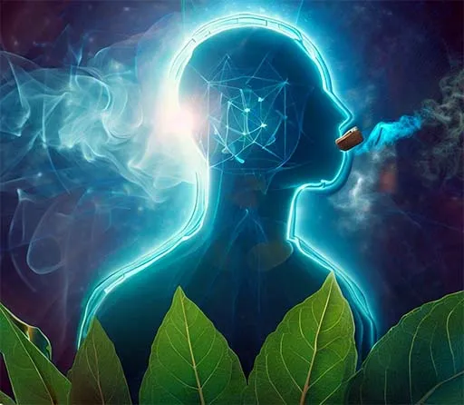 An image illustrating a man smoking with natural leaves all around.